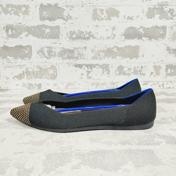 NEW Rothy's The Flat Black Knit Gold Pointy Toe Slip On Loafers X432